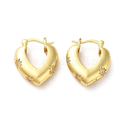 Corazón de circonitas cúbicas transparentes con aretes de aro de estrella, joyas de latón para mujer, dorado, 23x20x7mm, pin: 0.8~1.1 mm
