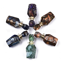 Assembled Synthetic Pyrite and Imperial Jasper Openable Perfume Bottle Pendants, with Brass Findings, Dyed, Mixed Color, capacity: 1ml(0.03 fl. oz), 41~42x17~18x17~18mm, Hole: 1.8mm, Capacity: 1ml(0.03 fl. oz)