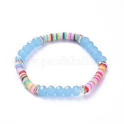 Bracciali elasticizzati per bambini, con perle di argilla polimerica heishi, perle di vetro sfaccettate e perle di strass in ottone, cielo azzurro, diametro interno: 1-7/8 pollice (4.7 cm)