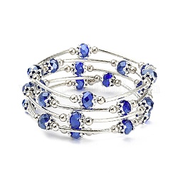 Bracelets enroulés à la mode, avec des perles de verre rondelles, Coupelles de style tibétain , laiton perles de tubes et de fils d'acier de la mémoire, bleu, diamètre intérieur: 55 mm