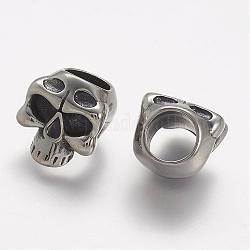 304 Stainless Steel Beads, Skull, Large Hole Beads, Antique Silver, 15x14x12.5mm, Hole: 8mm