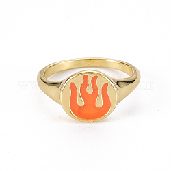 Alloy Enamel Wide Band Rings, Cadmium Free & Lead Free, Light Gold, Oval with Flame, Coral, US Size 6 3/4(17.1mm)