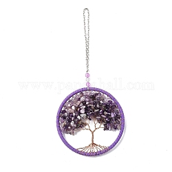 Wire Wrapped Chips Natural Amethyst Big Pendant Decorations, with Iron Chains and Imitation Leather Rope, Flat Round with Tree of Life, 245mm