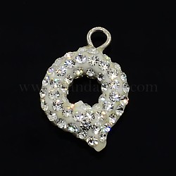 Glittering Polymer Clay with Austrian Crystal Charms Pendants, with 925 Sterling Silver Findings, Letter.Q, 14x10x3mm, Hole: 1.5mm