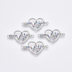 Brass Micro Pave Cubic Zirconia Links connectors, Heart with Heartbeat & Arrow, Colorful, Platinum, 15x28.5x2.5mm, Hole: 1.2mm