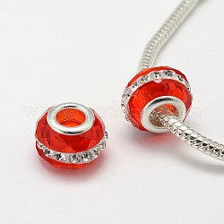 Faceted Glass Pave Crystal Rhinestone Large Hole Rondelle European Beads, with Double Silver Color Brass Cores, Orange Red, 14x10mm, Hole: 4.5mm
