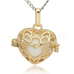 Golden Tone Brass Hollow Heart Cage Pendants, with No Hole Spray Painted Brass Round Beads, White, 24x26x18mm, Hole: 3x8mm
