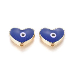 Perles en laiton doré, avec l'émail, coeur avec le mauvais œil, bleu minuit, 11x15x4.5mm, Trou: 1.6mm