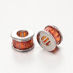 Brass Micro Pave Grade AAA Cubic Zirconia European Large Hole Beads, Column, Cadmium Free & Nickel Free & Lead Free, Orange Red, Real Platinum Plated, 6x8mm, Hole: 4mm