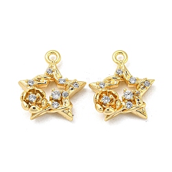 Brass Micro Pave Clear Cubic Zirconia Charms, Star & Flower, Real 18K Gold Plated, 13.5x12x3mm, Hole: 1.2mm