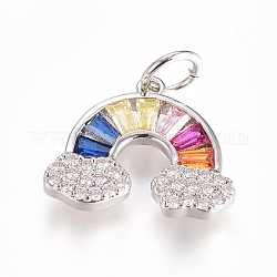 Brass Micro Pave Cubic Zirconia Pendants, with Jump Ring, Long-Lasting Plated, Rainbow, Colorful, Real Platinum Plated, 11.5x14x2mm, Hole: 3.5mm