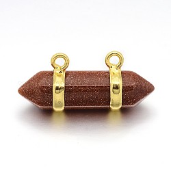 2-Hole Gemstones Bullet Pointed Pendants, with Golden Brass Findings, Synthetic Goldstone, 8x30mm, Hole: 2mm