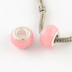 Large Hole Rondelle Resin European Beads, with Silver Color Plated Brass Double Core, Pink, 14x9mm, Hole: 5mm
