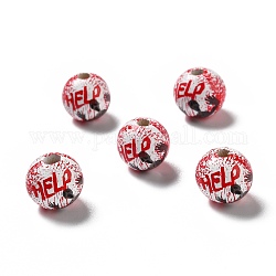 Perles de bois peintes à la bombe d'halloween, rond avec mot d'aide, rouge, 15.5~16x14.5~15mm, Trou: 4mm