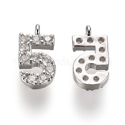 Brass Micro Pave Clear Cubic Zirconia Charms, Number, Platinum, Num.5, 9.5~10x4~6.5x2mm, Hole: 0.8mm
