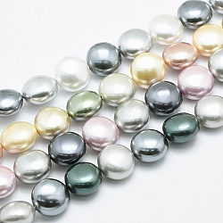 Chapelets de perles de coquille, polie, plat rond, couleur mixte, 14x9~10mm, Trou: 1mm, Environ 27~29 pcs/chapelet, 15.3 pouce ~ 16.1 pouces (39~41 cm)