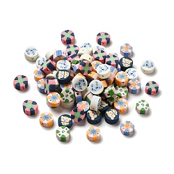 Handgefertigte Fimo-Perlen zum Muttertag, Flachrund, Herzmuster, 9~9.5x4~5 mm, Bohrung: 1.6 mm