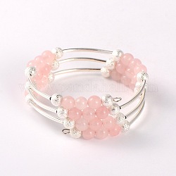 Wrap bracelets de pierres précieuses naturelles, avec perles texturées en laiton et perles tubulaires en laiton, couleur argentée, quartz rose, 52mm
