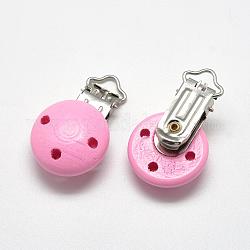 Clips de support de tétine bébé en bois teint, avec des clips de fer, perle rose, 48x29x19mm, Trou: 13.5x5mm