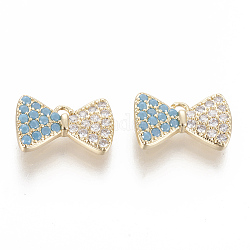 Brass Micro Pave Cubic Zirconia Charms, Bowknot, Golden, Sky Blue & Clear, 8x12.5x2.5mm, Hole: 1.2mm