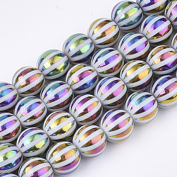 Abalorios de vidrio electroplate hebras, redondo con raya, colorido, 10x9.5mm, agujero: 1.2 mm, aproximamente 30 pcs / cadena, 11.2 pulgada