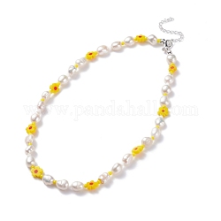 Halskette mit natürlichen Perlen, handgefertigte Blume Millefiori Glasperlenkette für Frauen, Silber, Gelb, 15.94 Zoll (40.5 cm)