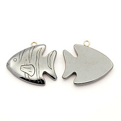 Non-magnetic Synthetic Hematite Pendants, Grade AA, with Brass Findings, Fish, 26x27x4mm, Hole: 1.5mm