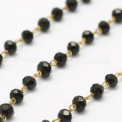 Chaînes de perles de verre faites à la main de 3.28 pied, soudé, avec des accessoires en laiton brut (non plaqué), sans nickel, facettes rondelle, noir, 2.5~3mm