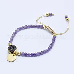 Natural Amethyst Braided Bead Bracelets, with Electroplated Natural Lava Rock Beads, Druzy Crystal, Nylon Cord and Brass Findings, Flat Round, 2-1/8 inch(5.3cm)~3-1/8 inch(8cm)