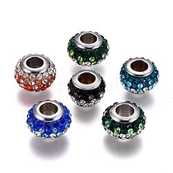 Perles puropéennes avec strass en argile polymère en 304 acier inoxydable, noyau de couleur inox, perles de rondelle avec grand trou , couleur mixte, 12x8mm, Trou: 5mm