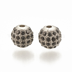 Perle d'alliage, avec strass, ronde, jet, platine, 8x8mm, Trou: 1.5mm