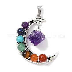 7 Chakra Gemstone Round Pendants, Alloy Moon Charms with Raw Natural Amethyst, Antique Silver, 41.5x34.5x12mm, Hole: 7.5x3.5mm