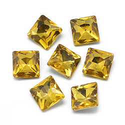 Pointed Back Glass Rhinestone Cabochons, Back Plated, Faceted, Square, Gold, 8x8x3.5mm