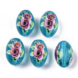 Perles de verre transparentes imprimées et peintes au pistolet, ovale avec motif floral, bleu ciel, 15x10mm, Trou: 1.6mm