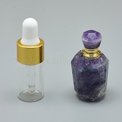 多面的な天然蛍石の開閉可能な香水瓶ペンダント  真鍮のパーツとガラスのエッセンシャルオイルのボトル  40~48x21~25mm  穴：1.2mm  ガラス瓶容量：3ml（0.101液量オンス）  宝石の容量：1ml（0.03液量オンス）