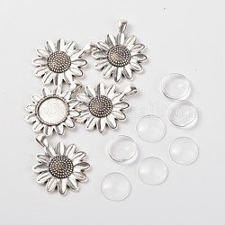 Sun Flower Alloy Pendant Cabochon Settings and Half Round/Dome Clear Glass Cabochons, Antique Silver, Cabochon Settings: Tray: 18mm, 43x34mm, Hole: 5mm, Glass Cabochons: 18x4mm
