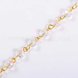 Chaînes de perles en rondelles en verre manuelles pour fabrication de colliers et bracelets, avec épingle à œil en fer doré, non soudée, clair, 39.3 pouce