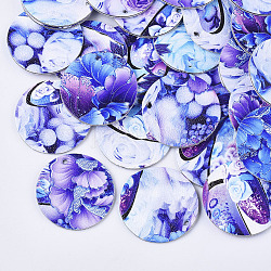 Pendentifs en cuir pu, motif de fleurs double face, plat rond, bleu, 40.5x1.5mm, Trou: 2mm