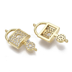 Brass Micro Pave Clear Cubic Zirconia Links, Nickel Free, Lock with Key, Real 16K Gold Plated, 23x11x4mm, Hole: 1mm