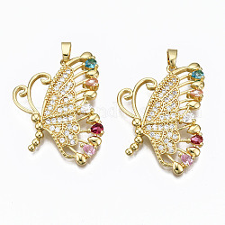 Brass Micro Pave Cubic Zirconia Pendants, Nickel free, Butterfly, Real 16K Gold Plated, 35x26x5mm, Hole: 3x5mm