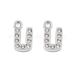 304 Stainless Steel Charms, with Crystal Rhinestone, Letter, Letter.U, 10~10.5x2~8x2mm, Hole: 1.2mm