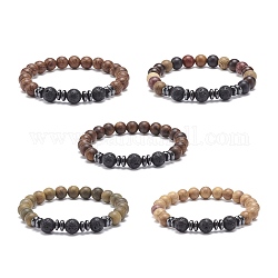 Bracelet extensible en pierre de lave naturelle et perles de bois, bijoux de pierres précieuses d'huile essentielle pour les femmes, couleur mixte, diamètre intérieur: 2-1/8 pouce (5.4 cm), perles: 8 mm