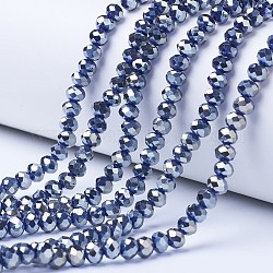 Electroplate Glass Beads Strands, Platinum Plated, Faceted, Rondelle, Prussian Blue, 6x5mm, Hole: 1mm, about 85~88pcs/strand, 16.1~16.5 inch(41~42cm)