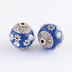 Runde Perlen mit handgefertigten Indonesien, mit Strass und Legierungskerne, Antik Silber Farbe, königsblau, 14~15x14 mm, Bohrung: 1.5 mm