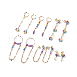 Glass Seed Beads Earring Sets for Women, Hoop Earring, Flower Dangle Brass Cable Chains Earrings, Mixed Color, 19~91mm, Pin: 0.8~0.9mm, 6 pairs/set