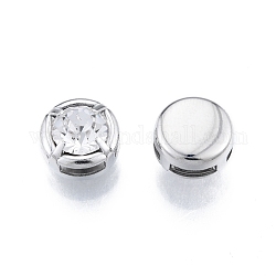 Brass Micro Pave Clear Cubic Zirconia Beads, Flat Round, Platinum, 8.8x5.8mm, Hole: 1.2x4.9mm