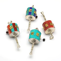 Handmade Tibetan Style Buddhist Prayer Wheel Pendants, Thai Sterling Silver with Synthetic Coral, Lapis Lazuli, Turquoise and Garnet, Mixed Color, 56x19mm, Hole: 6x8mm