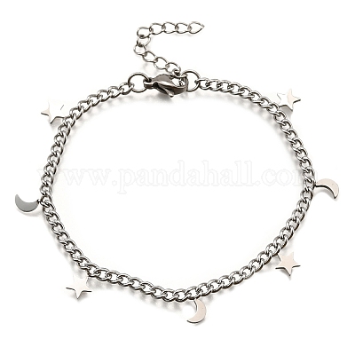 Браслеты с подвесками в виде луны и звезд из нержавеющей стали 304 BJEW-R021-05P-1