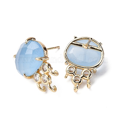 Фурнитура для сережек-гвоздиков из латуни с микропаве из кубического циркония и натуральным белым нефритом KK-Z096-05G-06-1