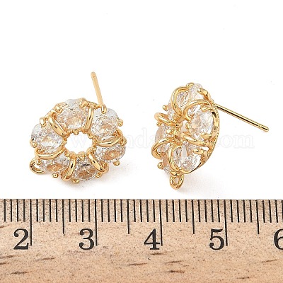 Плоские круглые латунные серьги-гвоздики с микропаве из прозрачных кубических цирконий KK-Z136-64G-1